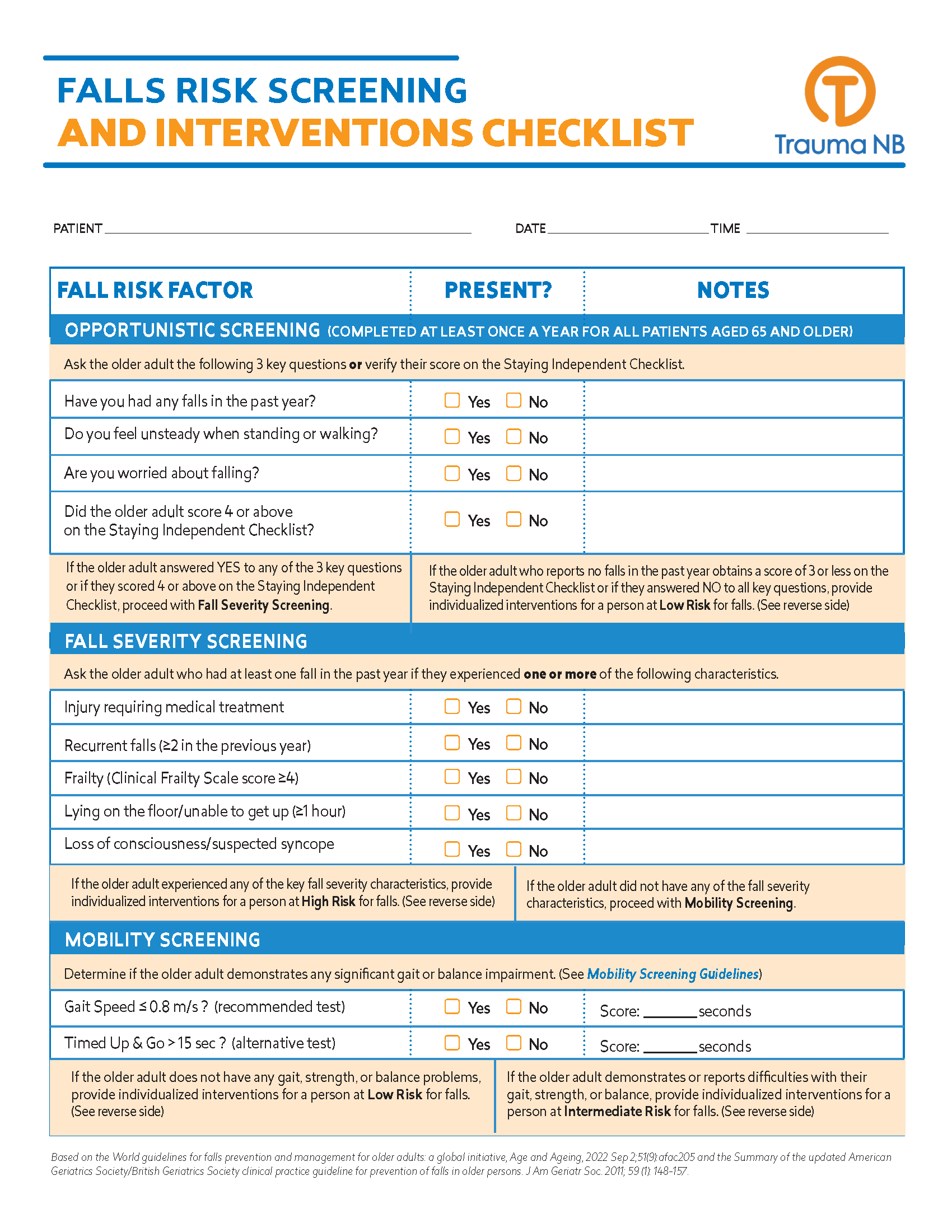 Falls Risk Screening and Interventions Checklist - English (002) Falls Risk Screening and Interventions Checklist - English (002)